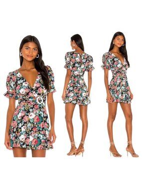 Majorelle Roosevelt Dress XS Black‎ Floral Print Fit And Flare Mini Boho Cottage
